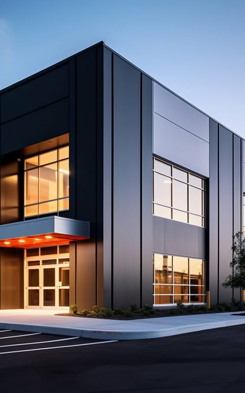 Sleek Steel Exterior of Modern Warehouse Office Building. Generative ai. High quality illustration